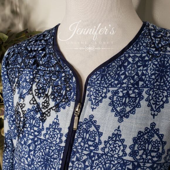 3/$30 Coldwater Creek Blue and Black Embroidered Zipper Jacket - Picture 2 of 11